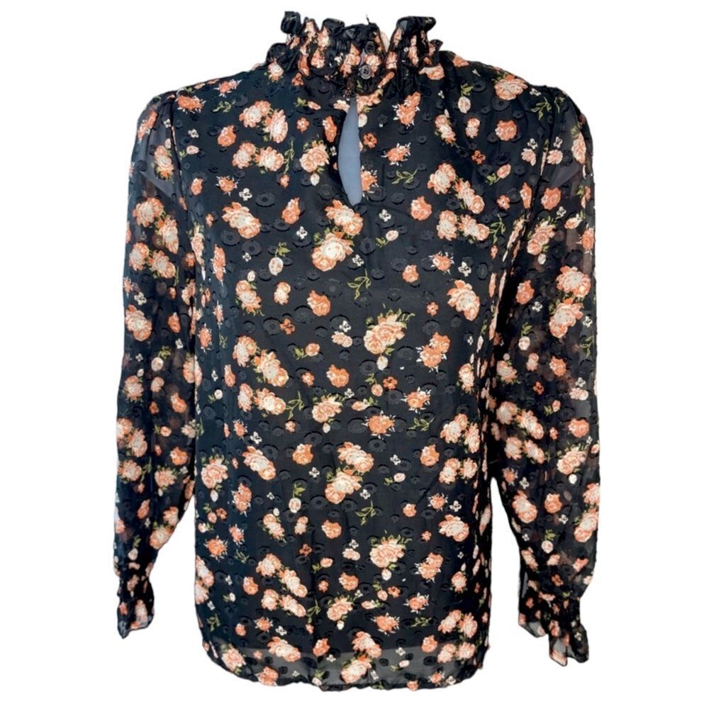 A Love Story Black Floral Roseann Mock Neck Puff Sleeve